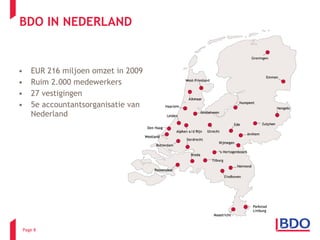 BDO IN NEDERLAND EUR 216 miljoen omzet in 2009 Ruim 2.000 medewerkers 27 vestigingen 5e accountantsorganisatie van Nederland Page  