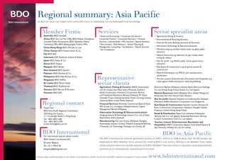 Regional summary: Asia Pacific
                    At BDO we value our origins and continually focus on expanding our unchallenged local knowledge.
BDO International



                         Member Firms:
                           Australia: BDO Kendalls
                                                                                     Services                                                       Sector specialist areas
                                                                                      • Audit and Accounting • Corporate Secretarial •              •   Agriculture, Fishing & Forestry
                           China: BDO Shu Lun Pan CPAs, BDO Wuhan Zhonghuan           Corporate Finance • Corporate Recovery • Forensic             •   Environmental & Recycling Business
                           Certified Public Accountants, BDO Shenzhen Dahua           Services • Internal Audit • IPO Services • Special Advisory   •   Financial Services: Banking, Insurance & Securities
                           Tiancheng CPAs, BDO Beijing Jingdu Tinwha CPAs             • Recruitment • Risk Advisory • System Planning &
                                                                                                                                                    •   Information Technology & Telecommunications
                           China-Hong Kong: BDO McCabe Lo Ltd.                        Management Consulting • Tax Advisory • Payroll Services
                                                                                      • Tax Compliance                                              •   Manufacturing e.g. textiles, metals, steel, car, glass, paper,
                           China-Taiwan: BDO Taiwan Union & Co.                                                                                         electrical
                           Fiji: BDO AliZ                                                                                                           •   Natural Resources e.g. diamond, oil, gas, metals, water,
                           Indonesia: KAP Tanubrata Sutanto & Rekan                                                                                     mining & utilities
                           Japan: BDO Sanyu & Co.                                                                                                   •   Not for profit: e.g. NGOs, public works, government,
                           Korea: BDO Daejoo                                                                                                            education
                           Malaysia: BDO Binder                                                                                                     •   Real Estate & Construction e.g. property, cement &
                           New Zealand: BDO Spicers                                                                                                     construction
                           Pakistan: BDO Ebrahim & Co.                                                                                              •   Retail & Distribution e.g. FMCG, tyre manufacturers,

                                                                                     Representative
                                                                                                                                                        wholesalers
                           Philippines: BDO Alba Romeo & Co.
                                                                                                                                                    •   Tourism, Leisure, Entertainment, Recreation and Hospitality e.g.
                           Singapore: BDO Raffles
                           Sri Lanka: BDO Burah Hathy
                           Thailand: BDO Richfield Ltd.
                                                                                     sector clients
                                                                                       Agriculture, Fishing & Forestry: SEEDS (Guarantee)
                                                                                                                                                        travel agents, hotels and sports, media & publishing

                                                                                                                                                    Aluminium Berhad (Malaysia), Hisense Kelon Electrical Holdings
                           Vanuatu: BDO Barrett & Partners                             Ltd. (Sri Lanka), East West Seed (Thailand), Southern        Co. Ltd. (Hong Kong-China), Sodick Co., Ltd. (Japan)
                           Vietnam: BDO AFC                                            Seeds Corporation (Vietnam), Corporation Berhad              Natural Resources: Shell (Malaysia), Terra Global Mining Ltd.
                                                                                       and Tradewind Plantations Berhad (Malaysia), PF Olsen,       (Australia), Shin Shin Natural Gas (Taiwan)
                                                                                       Chandler Fraser Keating, Kerifresh, Power Farming Limited,   Not for profit: National Institute of Cardiovascular Diseases

                          Regional contact
                                                                                       Universal Beef Limited (New Zealand)                         (Pakistan), Raffles Education Corporation Ltd. (Singapore)
                                                                                       Financial Services: Shenzhen Commercial Bank (China),        Real Estate & Construction: Huyndai Cement (Korea), Da
                                                                                       NIS Group Co., Ltd (Japan), Malaysia Venture Capital
                           Floyd Chan                                                                                                               River Construction Corporation (Vietnam), Shanghai Zendai
                                                                                       Management Berhad (Malaysia)
                           BDO Asia Pacific Regional Coordinator                                                                                    Property Limited (Hong Kong-China)
                                                                                       Information Technology & Telecommunications:
                           25/F, Wing On Centre,                                                                                                    Retail & Distribution: Pepsi-Cola Indonesia (Indonesia),
                                                                                       Huagong Science & Technology Industry Co., Ltd. (China),
                           111 Connaught Road, C, Hong Kong                                                                                         Venture Link Co., Ltd. (Japan), Samyoung Electronics (Korea),
                                                                                       EStarOnline (New Zealand)
                           Tel: +852 2853-1481                                                                                                      Culture Convenience Club, Co., Ltd. (Japan)
                           Fax: +852 2815-2295                                         Manufacturing: The Lion Group (Malaysia), Shanghai           Tourism, Leisure, Entertainment, Recreation and
                           E-mail. fchan@bdo.com.hk                                    Automobile Industry (China), Thailand Smelting & Refining    Hospitality: USEN Corporation (Japan), Iririki Island Resorts &
                                                                                       (Thailand), L.K. Technology Holdings Ltd. (China), LB        Spa (Vanuatu), Holiday Inn Ltd. (Sri Lanka)

                          BDO International
                           For international queries please contact:
                                                                                                                                                              BDO in Asia Pacific
                           BDO Global Coordination B.V.                                The BDO International network generated income of US$5.1 billion in 2008 • More than 44 000 people are
                           Brussels, Belgium                                           employed by BDO Member Firms around the world • BDO’s core service offering in all Member Firms helps
                           Tel: +32 2 778 0130                                         clients achieve their cross-border aspirations • BDO Member Firms are active in corporate social responsibility
                           bdoglobal@bdoglobal.com                                     activities at an international, national and local level


                    Using a deep understanding of our clients’ local business needs, we ensure that BDO remains the expert in every market.    www.bdointernational.com
 
