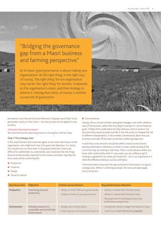 Business Edge - Winter 2015 9
but below is one that we’ve found effective in helping many Maori Trusts
get greater clarity on their vision – but the process can be applied to any
business.
A Business Planning Framework
We view the business planning process as having four distinct steps:
Step 1: The strategic plan
In this step Directors and Governors agree on the vision and mission of the
organisation, and a high-level view of its goals and objectives. For clarity,
this should cover no more than 4-6 key areas (otherwise it becomes
difficult for stakeholders to understand), and should describe the things
that are fundamentally important to the owners and board.Typically the
focus areas will be something like:
▶▶ Production
▶▶ Financial
▶▶ People
▶▶ Social & cultural
▶▶ Environmental
Having a focus on each of these areas gives managers and staff a wholistic
view of the business, rather than focusing for example on narrow financial
goals. It helps them understand not only what you want to achieve, but
also what that would actually look like in the real world, to mitigate the risk
of different interpretations. It also enables conversations about how you
prioritise and trade off between sometimes conflicting objectives.
In each focus area, directors should the define critical success factors
and key performance indicators, so there is a clear understanding of the
outcomes they are seeking in each area.That’s crucial, because unless you
know with crystal clarity what it is you want, you are unlikely to get it.
Getting to agreement can make your head hurt – but in our experience it is
often the difference between success and failure.
The extract below illustrates the type and level of information in a typical
strategic plan. While it’s a farming example, the same principles apply
across all sectors.
Key focus area Objective Critical success factors Key performance indicators
Production Maximising livestock
productivity
•	 Ability to finish 70% own grown lambs
•	 Ability to finish all own grown cattle
•	 Ability to market 80% finished lambs
•	 Ability to market 80% finished cattle
•	 Development of individual productivity
performance programme
Environment Utilising resources in a
sustainable and scientifically
based manner
•	 Forage and nutrition plans
•	 Improving our environmental footprint
•	 Completed nutrient budget and long term plan
•	 Land Environment Plan to be completed
“Bridging the governance
gap from a Maori business
and farming perspective”
At its heart, good governance is about making sure
organisations ‘do the right thing, in the right way.’
Of course, ‘the right thing’ for one organisation
may not be ‘the right thing’ for another. It depends
on the organisation’s vision, and their strategy to
achieve it. Setting that vision, of course, is another
crucial role of governance.
 
