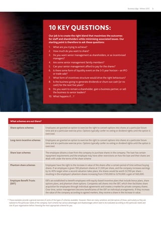 Business Edge - Winter 2015 3
10 KEY QUESTIONS:
Our job is to create the right blend that maximises the outcomes
for staff and shareholders while minimising associated issues. Our
starting point is therefore to ask these questions:
1.	 What are you trying to achieve?
2.	 How much do you want to share?
3.	 Do you want senior management as shareholders, or as incentivised
managers?
4.	 Are some senior management family members?
5.	 Can your senior management afford to pay for the shares?
6.	 Is there some form of liquidity event on the 3-5 year horizon – an IPO
or trade sale?
7.	 What form of incentives structure would drive the right behaviours?
8.	 Is the business going to generate dividends or churn out cash (or no
cash) for the next five years?
9.	 Do you want to remain a shareholder, gain a business partner, or sell
the business to senior leaders?
10.	 What happens if…?
What schemes are out there?
Share options schemes Employees are granted an option to exercise the right to convert options into shares at a particular future
time and at a particular exercise price. Options typically confer no voting or dividend rights until the option is
exercised.
Long-term incentive schemes Employees are granted an option to exercise the right to convert options into shares at a particular future
time and at a particular exercise price. Options typically confer no voting or dividend rights until the option is
exercised.
Share loan schemes The employee obtains a loan from the company to purchase shares in the company. The loan has certain
repayment requirements and the employee may have other restrictions on how the loan and their shares are
dealt with under the terms of the share scheme
Phantom share schemes Employees have the right to the increase in value of the shares after a certain period of time without buying
shares. If an employee is given 100 phantom shares at $1,500 per share, and the company increases earnings
by its 40% target when a second valuation takes place, the shares would be worth $2,100 per share -
resulting in the employee’s phantom shares increasing from $150,000 to $210,000: a gain of $60,000.
Employee Benefit Trusts
(EBT)
EBTs are established to benefit employees with equity-based incentive plans that include bonus plans, share
options plans, and phantom share options. Companies sell shares into the EBT, which then facilitates share
acquisition for employees through individual agreements and creates a market for private company shares.
Over time, senior management become beneficiaries of the EBT on individual arrangements. If they increase
the value of the company according to agreed markers, they receive a share in the increase in value.
* 	These examples provide a general overview of some of the types of schemes available. However, there are many variations and derivatives of these, particularly as they are
tailored to the particular needs of the company. Each scheme has various advantages and disadvantages which need to be evaluated according to the particular needs and
size of your organisation before choosing the most appropriate scheme for you.
 