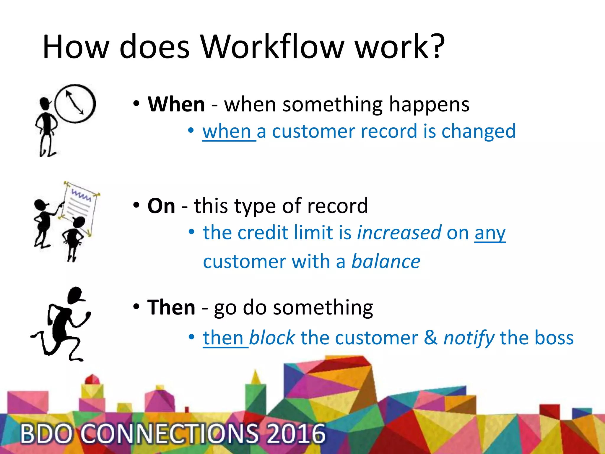 How does Workflow work?
• when a customer record is changed
• When - when something happens
• On - this type of record
• Then - go do something
• then block the customer & notify the boss
• the credit limit is increased on any
customer with a balance