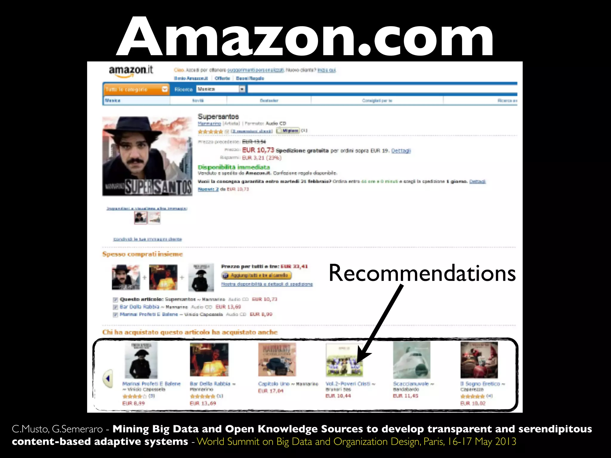 Amazon.com
Recommendations
C.Musto, G.Semeraro - Mining Big Data and Open Knowledge Sources to develop transparent and serendipitous
content-based adaptive systems - World Summit on Big Data and Organization Design, Paris, 16-17 May 2013
 