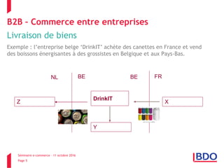 Séminaire e-commerce – 11 octobre 2016
Page 5
B2B – Commerce entre entreprises
Livraison de biens
Exemple : l’entreprise belge ‘DrinkIT’ achète des canettes en France et vend
des boissons énergisantes à des grossistes en Belgique et aux Pays-Bas.
DrinkIT
BE FRBENL
X
Y
Z
 