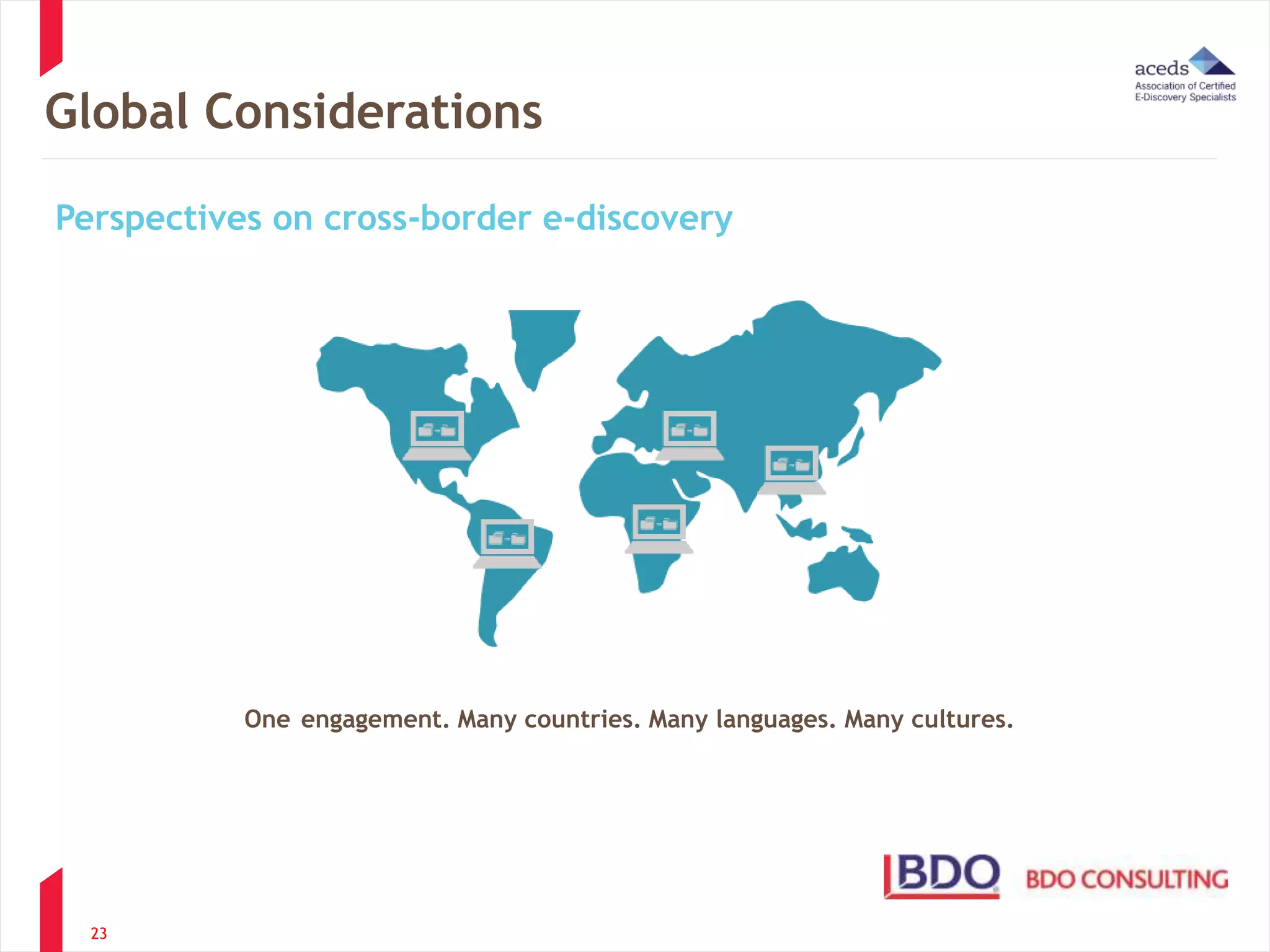 Global Considerations 
Perspectives on cross-border e-discovery 
23 
One engagement. Many countries. Many languages. Many cultures. 
 