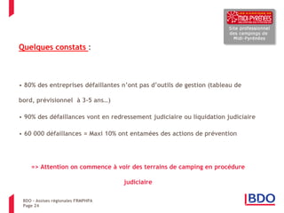 Quelques constats : 
• 80% des entreprises défaillantes n’ont pas d’outils de gestion (tableau de bord, prévisionnel à 3-5 ans…) 
• 90% des défaillances vont en redressement judiciaire ou liquidation judiciaire 
• 60 000 défaillances = Maxi 10% ont entamées des actions de prévention => Attention on commence à voir des terrains de camping en procédure judiciaire 
BDO – Assises régionales FRMPHPA 
Page 24  