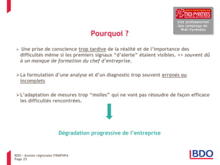 Pourquoi ? 
 Une prise de conscience trop tardive de la réalité et de l’importance des difficultés même si les premiers signaux “d’alerte” étaient visibles. => souvent dû à un manque de formation du chef d’entreprise. 
La formulation d’une analyse et d’un diagnostic trop souvent erronés ou incomplets 
L’adaptation de mesures trop “molles” qui ne vont pas résoudre de façon efficace les difficultés rencontrées. Dégradation progressive de l’entreprise 
Club HPA - Prévenir et anticiper les tensions de trésorerie 
Page 25 
BDO – Assises régionales FRMPHPA  