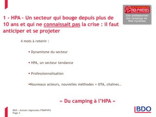 Page 3 
4 mots à retenir : 
 Dynamisme du secteur 
 HPA, un secteur tendance 
 Professionnalisation 
Nouveaux acteurs, nouvelles méthodes = OTA, chaînes… « Du camping à l’HPA » 
1 - HPA – Un secteur qui bouge depuis plus de 10 ans et qui ne connaissait pas la crise : il faut anticiper et se projeter 
BDO – Assises régionales FRMPHPA  