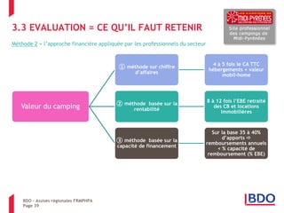 Page 39 
La reprise d’une entreprise d’hôtellerie de plein air 
Méthode 2 = l’approche financière appliquée par les professionnels du secteur 
3.3 EVALUATION = CE QU’IL FAUT RETENIR 
BDO – Assises régionales FRMPHPA 
Page 39 
Valeur du camping 
① méthode sur chiffre d’affaires 
4 à 5 fois le CA TTC hébergements + valeur mobil-home 
② méthode basée sur la rentabilité 
8 à 12 fois l’EBE retraité des CB et locations immobilières 
③ méthode basée sur la capacité de financement 
Sur la base 35 à 40% d’apports  remboursements annuels < % capacité de remboursement (% EBE)  