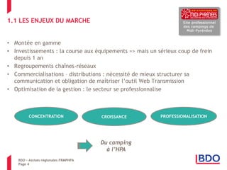 1.1 LES ENJEUX DU MARCHE 
•Montée en gamme 
•Investissements : la course aux équipements => mais un sérieux coup de frein depuis 1 an 
•Regroupements chaînes-réseaux 
•Commercialisations – distributions : nécessité de mieux structurer sa communication et obligation de maîtriser l’outil Web Transmission 
•Optimisation de la gestion : le secteur se professionnalise 
Page 4 
CONCENTRATION 
CROISSANCE 
PROFESSIONALISATION 
Du camping à l’HPA 
BDO – Assises régionales FRMPHPA  