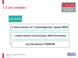 1.2 Les constats : 
Page 8 
BDO – Assises régionales FRMPHPA 
Les outils 
L’observatoire et l’autodiagnostic (panel BDO) 
L’observatoire économique Midi-Pyrennées 
Les formations FRMPHPA  