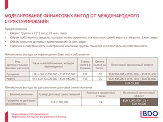 МОДЕЛИРОВАНИЕ ФИНАНСОВЫХ ВЫГОД ОТ МЕЖДУНАРОДНОГО
СТРУКТУРИРОВАНИЯ
Предположения
• Оборот Группы в 2013 году: 10 млн. евро
• Объем собственных средств, которые можна временно (на несколько дней) изъять с оборота: 2 млн. евро
• Объем внешних долговых заимствований: 2 млн. евро
• Наличие в собственности иностранной компании Группы объектов интелектуальной собственности

Финансовые выгоды от перемищения базы налогообложения

      Вид                                                 Ставка     Ставка
                      База налогообложения, которое
 дополнительных                                          налога в   налога на    Позитивный финансовый эффект
                              перемещается
валовых расходов                                         Украине      Кипре

Проценты             11% х EUR 2,000,000 = EUR 220,000     19%        10%       EUR 220,000 х (19%-10%) = EUR 19,800
Роялти               4% х EUR 10,000,000 = EUR 400,000     19%        10%       EUR 400,000 х (19%-10%) = EUR 36,000
                                                                                            EUR 55,800
Финансовые выгоды от удешевления долговых заимствований
                                                              Разница в процентных        Позитивный финансовый
  Элемент экономии        Размер долговых заимствований
                                                                    ставках                       эффект
 Проценты за долговым                                                                     EUR 2,000,000 * 2% =
                                    EUR 2,000,000                       2%
заимствованиям                                                                                   EUR 40,000


    Международное структурирование:
    Эффективный инструмент для украинского бизнеса
 