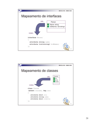 20
39
BDOO & RO - SBBD 2003
Mapeamento de interfaces
interface Person
{
attribute string name;
attribute list<string> kidNames;
};
Person
Name: string
kidNames: list<string>
UML
ODMG
40
BDOO & RO - SBBD 2003
Mapeamento de classes
class Course
(extent courses, key cno)
{
attribute short cno;
attribute string name;
attribute short credits;
};
Course
cno
name
credits
UML
ODMG
 