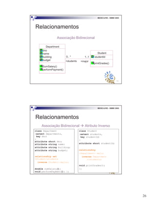 26
51
BDOO & RO - SBBD 2003
Relacionamentos
Associação Bidirecional
Student
studentId
printGrades()
1..10.. *
+major+students
Department
dno
name
building
budget
SumSalary()
performPayment()
52
BDOO & RO - SBBD 2003
Relacionamentos
Associação Bidirecional # Atributo Inverso
class Student
(extent students,
key studentId)
{
attribute short studentId;
relationship
<Department> major
inverse Department
::students;
void printGrades();
};
class Department
(extent departments,
key dno)
{
attribute short dno;
attribute string name;
attribute string building;
attribute string budget;
relationship set
<Student>students
inverse Student::major;
double sumSalary();
void performPayment(); };
 