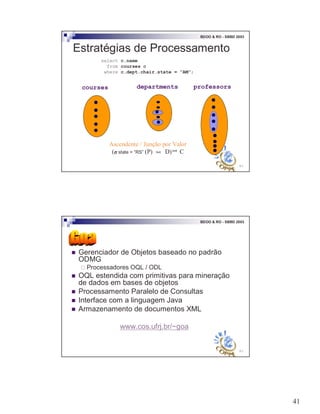 41
81
BDOO & RO - SBBD 2003
Estratégias de Processamento
select c.name
from courses c
where c.dept.chair.state = “AM”;
courses departments professors
Ascendente / Junção por Valor
(σσσσ state = “RS” (P) D) C
82
BDOO & RO - SBBD 2003
! Gerenciador de Objetos baseado no padrão
ODMG
" Processadores OQL / ODL
! OQL estendida com primitivas para mineração
de dados em bases de objetos
! Processamento Paralelo de Consultas
! Interface com a linguagem Java
! Armazenamento de documentos XML
www.cos.ufrj.br/~goa
 
