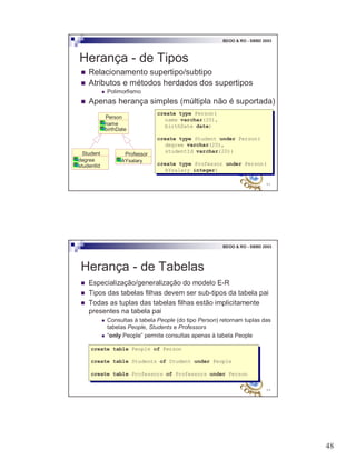48
95
BDOO & RO - SBBD 2003
Herança - de Tipos
! Relacionamento supertipo/subtipo
! Atributos e métodos herdados dos supertipos
! Polimorfismo
! Apenas herança simples (múltipla não é suportada)
create type Person(
name varchar(20),
birthDate date)
create type Student under Person(
degree varchar(20),
studentId varchar(20))
create type Professor under Person(
AYsalary integer)
create type Person(
name varchar(20),
birthDate date)
create type Student under Person(
degree varchar(20),
studentId varchar(20))
create type Professor under Person(
AYsalary integer)
Person
name
birthDate
Student
degree
studentId
Professor
AYsalary
96
BDOO & RO - SBBD 2003
Herança - de Tabelas
! Especialização/generalização do modelo E-R
! Tipos das tabelas filhas devem ser sub-tipos da tabela pai
! Todas as tuplas das tabelas filhas estão implicitamente
presentes na tabela pai
! Consultas à tabela People (do tipo Person) retornam tuplas das
tabelas People, Students e Professors
! “only People” permite consultas apenas à tabela People
create table People of Person
create table Students of Student under People
create table Professors of Professors under Person
create table People of Person
create table Students of Student under People
create table Professors of Professors under Person
 