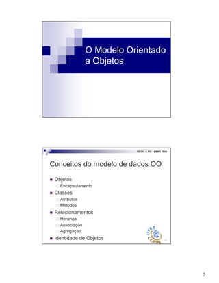 5
O Modelo Orientado
a Objetos
10
BDOO & RO - SBBD 2003
Conceitos do modelo de dados OO
! Objetos
" Encapsulamento
! Classes
" Atributos
" Métodos
! Relacionamentos
" Herança
" Associação
" Agregação
! Identidade de Objetos
 
