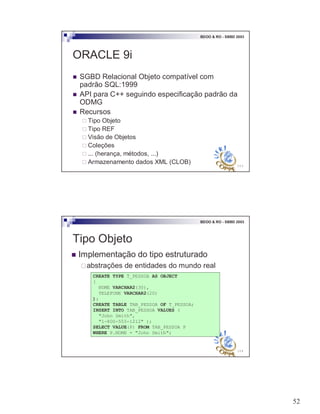 52
103
BDOO & RO - SBBD 2003
ORACLE 9i
! SGBD Relacional Objeto compatível com
padrão SQL:1999
! API para C++ seguindo especificação padrão da
ODMG
! Recursos
" Tipo Objeto
" Tipo REF
" Visão de Objetos
" Coleções
" ... (herança, métodos, ...)
" Armazenamento dados XML (CLOB)
104
BDOO & RO - SBBD 2003
Tipo Objeto
! Implementação do tipo estruturado
"abstrações de entidades do mundo real
CREATE TYPE T_PESSOA AS OBJECT
(
NOME VARCHAR2(30),
TELEFONE VARCHAR2(20)
);
CREATE TABLE TAB_PESSOA OF T_PESSOA;
INSERT INTO TAB_PESSOA VALUES (
"John Smith",
"1-800-555-1212" );
SELECT VALUE(P) FROM TAB_PESSOA P
WHERE P.NOME = "John Smith";
 