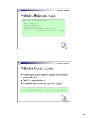 60
119
BDOO & RO - SBBD 2003
Métodos Estáticos (ex.)
CREATE TYPE T_PESSOA AS OBJECT
(
NOME VARCHAR2(30),
TELEFONE VARCHAR2(20),
DATA_NASCIMENTO DATE,
MEMBER FUNCTION GET_NOME RETURN VARCHAR,
STATIC FUNCTION PESSOA_MAIS_VELHA RETURN T_PESSOA,
...
);
120
BDOO & RO - SBBD 2003
Métodos Construtores
! Responsável por criar o objeto e instanciar
seus atributos
! Definido pelo sistema
! Existente em todos os tipos de objeto
P = T_PESSOA(‘Marta Mattoso’, ‘2562-8694’, ’28/01/1970’)
 