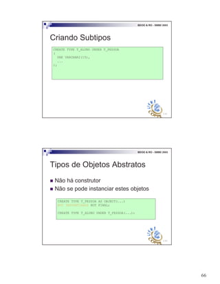 66
131
BDOO & RO - SBBD 2003
Criando Subtipos
CREATE TYPE T_ALUNO UNDER T_PESSOA
(
DRE VARCHAR2(15),
...
);
132
BDOO & RO - SBBD 2003
Tipos de Objetos Abstratos
CREATE TYPE T_PESSOA AS OBJECT(...)
NOT INSTANTIABLE NOT FINAL;
CREATE TYPE T_ALUNO UNDER T_PESSOA(...);
! Não há construtor
! Não se pode instanciar estes objetos
 