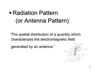 3 
 
Radiation Pattern 
(or Antenna Pattern) 
“The spatial distribution of a quantity which 
characterizes the electromagnetic field 
generated by an antenna.”  