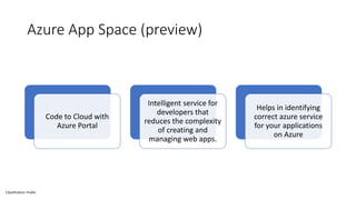Classification: Public
Azure App Space (preview)
Code to Cloud with
Azure Portal
Intelligent service for
developers that
reduces the complexity
of creating and
managing web apps.
Helps in identifying
correct azure service
for your applications
on Azure
 