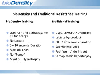 bioDensity and Traditional Resistance Training
bioDensity Training
●Uses ATP and perhaps some
CP for energy
●No Lactate
●5 – 10 seconds Duration
●Maximal Load
●No “Pump”
●Myofibril Hypertrophy
Traditional Training
●Uses ATP/CP AND Glucose
●Lactate by-product
●60 – 120 seconds duration
●Submaximal Load
●Feel “pump” during set
●Sarcoplasmic Hypertrophy
 