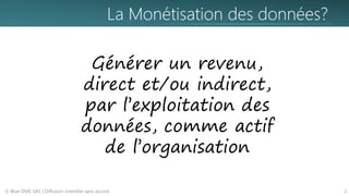 La Monétisation des données?
© Blue DME SAS | Diffusion interdite sans accord 2
Générer un revenu,
direct et/ou indirect,
par l’exploitation des
données, comme actif
de l’organisation
 