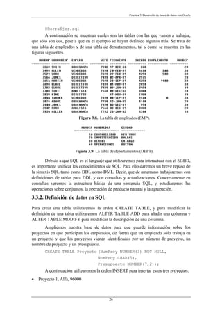 Práctica 3. Desarrollo de bases de datos con Oracle
@BorraEjer.sql
A continuación se muestran cuales son las tablas con las que vamos a trabajar,
que sólo son dos, pese a que en el ejemplo se hayan definido algunas más. Se trata de
una tabla de empleados y de una tabla de departamentos, tal y como se muestra en las
figuras siguientes.
Figura 3.8. La tabla de empleados (EMP).
Figura 3.9. La tabla de departamentos (DEPT).
Debido a que SQL es el lenguaje que utilizaremos para interactuar con el SGBD,
es importante unificar los conocimientos de SQL. Para ello daremos un breve repaso de
la sintaxis SQL tanto como DDL como DML. Decir, que de antemano trabajaremos con
definiciones de tablas para DDL y con consultas y actualizaciones. Concretamente en
consultas veremos la estructura básica de una sentencia SQL, y estudiaremos las
operaciones sobre conjuntos, la operación de producto natural y la agrupación.
3.3.2. Definición de datos en SQL
Para crear una tabla utilizaremos la orden CREATE TABLE, y para modificar la
definición de una tabla utilizaremos ALTER TABLE ADD para añadir una columna y
ALTER TABLE MODIFY para modificar la descripción de una columna.
Ampliemos nuestra base de datos para que guarde información sobre los
proyectos en que participan los empleados, de forma que un empleado sólo trabaja en
un proyecto y que los proyectos vienen identificados por un número de proyecto, un
nombre de proyecto y un presupuesto.
CREATE TABLE Proyecto (NumProy NUMBER(3) NOT NULL,
NomProy CHAR(5),
Presupuesto NUMBER(7,2));
A continuación utilizaremos la orden INSERT para insertar estos tres proyectos:
• Proyecto 1, Alfa, 96000
26
 