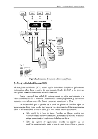 Práctica 3. Desarrollo de bases de datos con Oracle
Figura 3.3. Estructuras de memoria y Procesos de Oracle.
3.1.3.2. Área Global del Sistema (SGA)
El área global del sistema (SGA) es una región de memoria compartida que contiene
información sobre datos y control de una instancia Oracle. Un SGA y los procesos
background de Oracle forman una instancia de Oracle.
Oracle reserva el área global del sistema cuando se inicia una instancia, y la
libera cuando se finaliza la instancia. Cada instancia tiene su propio SGA, y los usuarios
que estén conectados a un servidor Oracle comparten los datos en el SGA.
La información que se guarda en el SGA se guarda en distintos tipos de
estructuras de datos, como son las que vamos a ver a continuación. Estas estructuras de
datos se definen al crear la base de datos, y se hace con un tamaño por omisión.
• Búfer caché de la base de datos. Guardan los bloques usados más
recientemente (o más frecuentemente). Esto reduce el número de accesos
a disco aumentando el rendimiento de la base de datos.
• Búfer de registro de operaciones. Guarda un registro de las
modificaciones realizadas sobre la base de datos. Estos búfers se guardan
7
 
