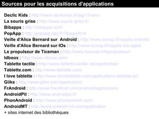 Declic Kids : http://www.declickids.fr/tag/13-ans/
La souris grise : http://www.souris-grise.fr/
Bibapps : http://bibapps.com/
PopApp : http://popapp.slpj.fr/?&age[4]=4
Veille d'Alice Bernard sur Androïd : http://www.scoop.it/t/applis-android
Veille d'Alice Bernard sur IOs : http://www.scoop.it/t/applis-ios-apple
Le propulseur de Ticeman : http://www.ticeman.fr/lepropulseur/
Idboox : http://www.idboox.com/
Tablette tactile : http://www.tablette-tactile.net/application/
Tablette.com : http://www.tablette.com/
I love tablette : http://www.ilovetablette.com/applications-tablette-pc/
Giiks : http://www.giiks.com/application/
FrAndroid : http://www.frandroid.com/android/applications
AndroidPit : http://www.androidpit.fr/
PhonAndroid : http://www.phonandroid.com/
AndroidMT : http://www.android-mt.com/application
+ sites internet des bibliothèques
Sources pour les acquisitions d'applications
 