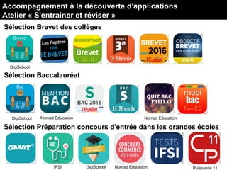 Sélection Brevet des collèges
Accompagnement à la découverte d'applications
Atelier « S'entrainer et réviser »
IFSI
DigiSchool
Sélection Baccalauréat
DigiSchool
Sélection Préparation concours d'entrée dans les grandes écoles
DigiSchool Nomad Education
Nomad Education Nomad Education
Puissance 11
 