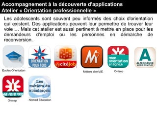 Les adolescents sont souvent peu informés des choix d'orientation
qui existent. Des applications peuvent leur permettre de trouver leur
voie … Mais cet atelier est aussi pertinent à mettre en place pour les
demandeurs d'emploi ou les personnes en démarche de
reconversion.
Accompagnement à la découverte d'applications
Atelier « Orientation professionnelle »
Ecoles Orientation Métiers d'enVIE Onisep
Onisep Nomad Education
 