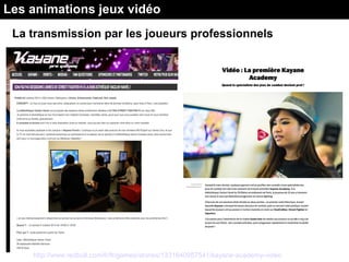 La transmission par les joueurs professionnels
http://www.redbull.com/fr/fr/games/stories/1331640957541/kayane-academy-video
Les animations jeux vidéo
 