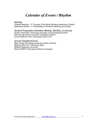 Calendar of Events / Rhythm
Monthly
Program Meetings – 3rd Thursday of the Month (Building Awareness & Depth)
Networking Socials – 2nd Wednesday of the Month (Building Connecting)

Student Preparation Activities (Weekly, Monthly, or Annual)
Student Information Technology Education and Scholarship (SITES)
National High School Computer Competition (HSCC)
Annual National Youth Technology Camp (YTC)

Annual Targeted Events
Black Family Technology Awareness Week (Jan/Feb)
Regional HSCC & IT Showcase (May)
Midwest Regionals (June/July)
National BDPA Technology Conference (August)




Cincinnati Chapter Information   www.bdpa-cincy.org                         8
 