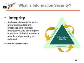What Is Information Security?


• Integrity
• Addresses two objects, which
  are protecting data and
  processes from improper
  modification, and ensuring the
  operations of the information is
  reliable and performing as
  expected.
- From the CISSP® CBK®




                                             13
 