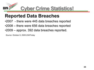 Cyber Crime Statistics!
Reported Data Breaches
•2007 - there were 445 data breaches reported
•2008 – there were 656 data breaches reported
•2009 – approx. 392 data breaches reported.
Source: October 9, 2009 USAToday




                                                26
 