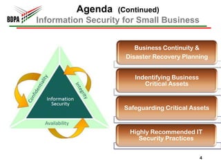 Agenda    (Continued)
Information Security for Small Business


                        Business Continuity &
                     Disaster Recovery Planning


                        Indentifying Business
                           Critical Assets


                     Safeguarding Critical Assets


                      Highly Recommended IT
                         Security Practices


                                                4
 