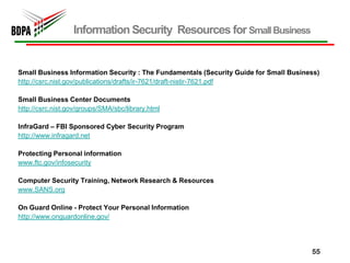 Information Security Resources for Small Business


Small Business Information Security : The Fundamentals (Security Guide for Small Business)
http://csrc.nist.gov/publications/drafts/ir-7621/draft-nistir-7621.pdf

Small Business Center Documents
http://csrc.nist.gov/groups/SMA/sbc/library.html

InfraGard – FBI Sponsored Cyber Security Program
http://www.infragard.net

Protecting Personal information
www.ftc.gov/infosecurity

Computer Security Training, Network Research & Resources
www.SANS.org

On Guard Online - Protect Your Personal Information
http://www.onguardonline.gov/




                                                                                       55
 