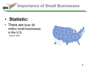 Importance of Small Businesses


• Statistic:
• There are over 26
  million small businesses
  in the U.S.
  Source: NIST




                                            8
 