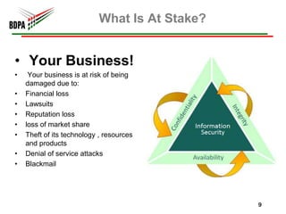 What Is At Stake?


• Your Business!
•    Your business is at risk of being
    damaged due to:
•   Financial loss
•   Lawsuits
•   Reputation loss
•   loss of market share
•   Theft of its technology , resources
    and products
•   Denial of service attacks
•   Blackmail




                                               9
 