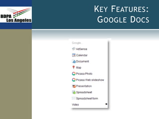 KEY FEATURES:
GOOGLE DOCS
 