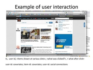 Example of user interaction




ts, user-id, <items shown at various slots>, <what was clicked?>, < what after click>

user-id: covariates; item-id: covariates; user-id: social connections
 