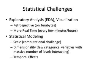 Statistical Challenges
• Exploratory Analysis (EDA), Visualization
  – Retrospective (on Terabytes)
  – More Real Time (every few minutes/hours)
• Statistical Modeling
  – Scale (computational challenge)
  – Dimensionality (few categorical variables with
    massive number of levels interacting)
  – Temporal Effects
 