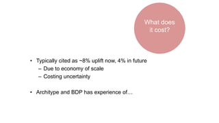 • Typically cited as ~8% uplift now, 4% in future
– Due to economy of scale
– Costing uncertainty
• Architype and BDP has experience of…
What does
it cost?
 