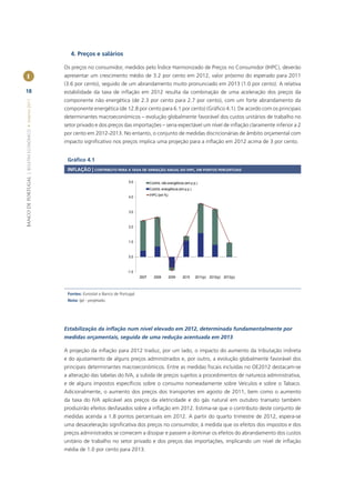 4. Preços e salários

                                                       Os preços no consumidor, medidos pelo Índice Harmonizado de Preços no Consumidor (IHPC), deverão
        I                                              apresentar um crescimento médio de 3.2 por cento em 2012, valor próximo do esperado para 2011
                                                       (3.6 por cento), seguido de um abrandamento muito pronunciado em 2013 (1.0 por cento). A relativa
18                                                     estabilidade da taxa de inﬂação em 2012 resulta da combinação de uma aceleração dos preços da
                                                       componente não energética (de 2.3 por cento para 2.7 por cento), com um forte abrandamento da
BANCO DE PORTUGAL | BOLETIM ECONÓMICO • Inverno 2011




                                                       componente energética (de 12.8 por cento para 6.1 por cento) (Gráﬁco 4.1). De acordo com os principais
                                                       determinantes macroeconómicos – evolução globalmente favorável dos custos unitários de trabalho no
                                                       setor privado e dos preços das importações – seria expectável um nível de inﬂação claramente inferior a 2
                                                       por cento em 2012-2013. No entanto, o conjunto de medidas discricionárias de âmbito orçamental com
                                                       impacto signiﬁcativo nos preços implica uma projeção para a inﬂação em 2012 acima de 3 por cento.


                                                        Gráﬁco 4.1
                                                        INFLAÇÃO | CONTRIBUTO PARA A TAXA DE VARIAÇÃO ANUAL DO IHPC, EM PONTOS PERCENTUAIS

                                                                                         5.0           Contrib. não energéticos (em p.p.)
                                                                                                       Contrib. energéticos (em p.p.)
                                                                                                       IHPC (em %)
                                                                                         4.0



                                                                                         3.0



                                                                                         2.0



                                                                                         1.0



                                                                                         0.0



                                                                                        -1.0
                                                                                                2007      2008       2009     2010      2011(p) 2012(p) 2013(p)



                                                        Fontes: Eurostat e Banco de Portugal.
                                                        Nota: (p) - projetado.




                                                       Estabilização da inﬂação num nível elevado em 2012, determinada fundamentalmente por
                                                       medidas orçamentais, seguida de uma redução acentuada em 2013

                                                       A projeção da inﬂação para 2012 traduz, por um lado, o impacto do aumento da tributação indireta
                                                       e do ajustamento de alguns preços administrados e, por outro, a evolução globalmente favorável dos
                                                       principais determinantes macroeconómicos. Entre as medidas ﬁscais incluídas no OE2012 destacam-se
                                                       a alteração das tabelas do IVA, a subida de preços sujeitos a procedimentos de natureza administrativa,
                                                       e de alguns impostos especíﬁcos sobre o consumo nomeadamente sobre Veículos e sobre o Tabaco.
                                                       Adicionalmente, o aumento dos preços dos transportes em agosto de 2011, bem como o aumento
                                                       da taxa do IVA aplicável aos preços da eletricidade e do gás natural em outubro transato também
                                                       produzirão efeitos desfasados sobre a inﬂação em 2012. Estima-se que o contributo deste conjunto de
                                                       medidas acenda a 1.8 pontos percentuais em 2012. A partir do quarto trimestre de 2012, espera-se
                                                       uma desaceleração signiﬁcativa dos preços no consumidor, à medida que os efeitos dos impostos e dos
                                                       preços administrados se comecem a dissipar e passem a dominar os efeitos do abrandamento dos custos
                                                       unitário de trabalho no setor privado e dos preços das importações, implicando um nível de inﬂação
                                                       média de 1.0 por cento para 2013.
 
