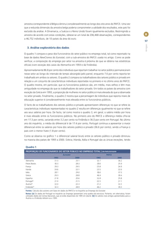 amostra correspondente à Bélgica diminui consideravelmente ao longo dos oito anos do PAFCE. Uma vez
que a reduzida dimensão da amostra belga poderia comprometer a validade dos resultados, este país foi
excluído da análise. A Dinamarca, a Suécia e o Reino Unido foram igualmente excluídos. Restringindo a
amostra de acordo com estas condições, obteve-se um total de 206,468 observações, correspondentes                                    II
a 46,752 indivíduos, de 10 países da área do euro.
                                                                                                                                     57




                                                                                                                                     Artigos
   3. Análise exploratória dos dados

O quadro 1 compara o peso dos funcionários do setor público no emprego total, tal como reportado na
base de dados NewCronos do Eurostat, com a sub-amostra do PAFCE usada no artigo. Como se pode
veriﬁcar, a composição do emprego por setor na amostra é próxima do que se obteria nas estatísticas
oﬁciais (com exceção dos casos da Alemanha em 1993 e da Finlândia).

Aproximadamente 86.8 por cento dos indivíduos que reportam trabalhar no setor público permaneceram
nesse setor ao longo do intervalo de tempo abrangido pelo painel, enquanto 7.6 por cento reporta ter
trabalhado em ambos os setores. O quadro 2 compara os trabalhadores dos setores público e privado em
relação a um conjunto de características individuais reportadas no primeiro e no último anos do PAFCE.
O quadro mostra, em particular, que os funcionários públicos são, em média, mais velhos e têm mais
antiguidade no emprego do que os trabalhadores do setor privado. Em todos os países da amostra com
exceção da Grécia em 1993, a proporção de mulheres no setor público é mais elevada do que a observada
no setor privado. Finalmente, o quadro 2 mostra que a percentagem de indivíduos que reporta níveis de
educação superior é consideravelmente mais elevada entre os funcionários públicos.

O facto de os trabalhadores dos setores público e privado apresentarem diferenças no que se refere às
características individuais representadas no quadro 2 resulta em diferenças igualmente no que se refere
aos seus salários por hora. De facto, tal como mostra o quadro 3, em geral, o salário médio por hora
é mais elevado entre os funcionários públicos. No primeiro ano do PAFCE a diferença média cifra-se
em 17.3 por cento, variando entre 3.2 por cento na Finlândia e 36.0 por cento em Portugal. No último
ano do inquérito, a média do diferencial é de 17.4 por cento, Portugal continua a apresentar o maior
diferencial entre os salários por hora dos setores público e privado (36.6 por cento), sendo a França o
país com o menor hiato (1.8 por cento).

Como se observa no gráﬁco 1 o diferencial salarial bruto entre os setores público e privado diminuiu
na maioria dos países de 1993 a 2000. Grécia, Irlanda, Itália e Portugal são as únicas exceções, tendo


 Quadro 1
 PROPORÇÃO DE FUNCIONÁRIOS DO SETOR PÚBLICO NO EMPREGO TOTAL | EM PERCENTAGEM
                                              Eurostat                                              PAFCE
                                   1993                      2000                       1993                      2000
 Alemanha                           21.3                      25.1                      32.7                       26.2
 Países Baixos                      30.3                      28.3                      28.6                       25.4
 França                             29.3                      29.5                      25.8                       24.9
 Irlanda                            24.6                      22.1                      23.5                       22.0
 Itália                             28.1                      29.0                      38.6                       37.5
 Grécia                             29.3                      28.8                      46.4                       39.4
 Espanha                            21.8                      20.6                      32.8                       25.8
 Portugal(a)                        21.0                      21.5                      22.5                       21.1
 Áustria(b)                         22.0                      22.3                      21.2                       22.2
 Finlândia(b)                       32.3                      28.9                      46.2                       39.3
 Fontes: Cálculos dos autores com base em dados do PAFCE e no Inquérito ao Emprego do Eurostat.
 Notas: (a) Os dados de Portugal no Inquérito ao Emprego apresentam uma quebra de estrutura. Portanto, em alternativa, foram
 utilizados dados de Contas Nacionais, que só estão disponíveis de 1995 em diante. (b) Os valores mais antigos apresentados para a
 Áustria e a Finlândia referem-se a 1995.
 