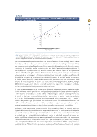 Gráﬁco 3
 O DIFERENCIAL SALARIAL ENTRE OS SETORES PÚBLICO E PRIVADO NA MÉDIA DA DISTRIBUIÇÃO: O
 PAPEL DOS EFEITOS DE SELEÇÃO
                                                                                                                                                             II
                                                                                                  22

                                                                                                  18
                                                                                                                                                             65



                                 Diferencial de salários estimado por efeitos fixos




                                                                                                                                                             Artigos
                                                                                                  14

                                                                                                  10
                                                                                                                                              GR
                                                                                                   6
                                                 (em percentagem)                                                                                  IR
                                                                                                   2 FI             PB                   ES
                                                                                                            AU               AL IT                      PT

                                                                                      -8    -4    -2 0        4          8       12      16        20
                                                                                                  -6         FR

                                                                                                 -10

                                                                                                 -14

                                                                                                 -18

                                                                                                 -22
                                                                                           Diferencial de salários estimado para a média da população
                                                                                                                 (em percentagem)



 Fontes: Cálculos dos autores com base em dados do PAFCE.
 Nota: O gráﬁco apresenta, para cada par país-ano, o coeﬁciente para o indicador do setor público (multiplicado por 100) estimado
 com recurso a regressões de efeitos ﬁxos (no eixo das ordenadas) e de mínimos quadrados na média da população (no eixo das
 abcissas). Os regressores utilizados são os enumerados na nota do quadro 4.

que o estimador da média da população resulta em penalizações associadas ao emprego público que são
atenuadas quando se controla para fatores não observados e invariantes ao longo do tempo. Note-se
que, enquanto as estimativas baseadas nos mínimos quadrados são estatisticamente diferentes de zero,
o estimador de efeitos ﬁxos resulta, em muitos casos, em diferenciais de salários não signiﬁcativos. Os
únicos países para os quais os resultados apontam para que, em média, o diferencial não seja nulo são
a Grécia, a Irlanda, Portugal e os Países Baixos. Estes resultados sugerem, assim, que na maioria dos
países, quando se controla para a heterogeneidade individual observada e também para fatores não
observados e constantes ao longo do tempo, não existem indícios de um hiato salarial positivo entre
os setores público e privado. Destaque-se que os esforços de consolidação que tiveram lugar neste
conjunto de países no período em análise não foram particularmente signiﬁcativos. De facto, Campos
(2011) identiﬁcou apenas um reduzido número de ajustamentos orçamentais nestes países, sendo que
nenhum desses episódios foi considerado como bem-sucedido.

Tal como em Bargain e Melly (2008), obtiveram-se estimativas para a forma como o diferencial entre os
salários dos setores público e privado varia ao longo do tempo através da inclusão de termos que expressam
a interação entre o indicador para o setor público e indicadores para cada um dos sete primeiros anos
do painel. As diferenças entre este hiato variável e o representado no quadro 4 podem ser atribuídas
ao facto de a heterogeneidade individual não observada estar agora a ser tida em conta. O quadro 6
conﬁrma, em primeiro lugar, que controlar para esses fatores origina uma diminuição da estimativa para
o diferencial de salários entre os setores público e privado e, em alguns casos, os resultados implicam
penalizações salariais estatisticamente signiﬁcativas associadas ao emprego no setor público.

A diferença entre as estimativas obtidas usando o método de efeitos ﬁxos e os mínimos quadrados
sugere que os últimos podem sofrer de um enviesamento resultante da omissão de fatores relevantes
que contribuam para a determinação dos salários observados (bem como do setor de atividade). Note-
se, contudo, que se a variabilidade do indicador para o setor for sobretudo seccional e se houver uma
relativa estabilidade ao longo do tempo, a estimação por efeitos ﬁxos tende também a ser pouco precisa
(Cameron e Trivedi (2007)). Embora sejam identiﬁcadas 2,888 mudanças do setor público para o privado e
2,554 transições no sentido oposto, não é possível garantir que as estimativas obtidas não sejam afetadas
por este problema. Adicionalmente, os resultados obtidos por efeitos ﬁxos são particularmente propícios
 