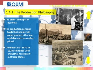 1-4: Classification of Marketing
❖The oldest concepts in
business
❖The production concept
holds that people will
prefer products that are
available and reasonably
priced.
❖ Dominant era: 1870 to
1920s coincides with
‘industrial revolution’
in United States
1.4.1. The Production Philosophy
 