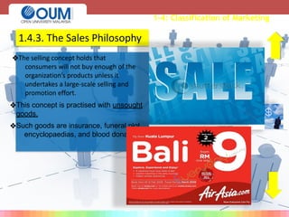 1-4: Classification of Marketing
❖The selling concept holds that
consumers will not buy enough of the
organization’s products unless it
undertakes a large-scale selling and
promotion effort.
❖Such goods are insurance, funeral plot,
encyclopaedias, and blood donation.
❖This concept is practised with unsought
goods.
1.4.3. The Sales Philosophy
 