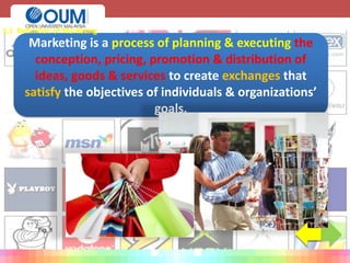 Fig. 1
Marketing is a process of planning & executing the
conception, pricing, promotion & distribution of
ideas, goods & services to create exchanges that
satisfy the objectives of individuals & organizations’
goals.
1.1 Definition of Marketing
 
